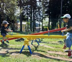 作品No:203　つりあった！！！<br><br>6歳年の離れた姉妹。<br />
そっと地面から足を離すと体重差のある２人がちょうどつりあいました！<br />
日々成長する子どもたちの貴重な瞬間をカシャッと撮りました！<br><br>