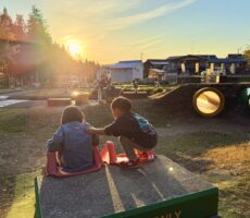 作品No:241 夕焼けの桂公園<br><br>幼馴染同士仲良く遊び背中を押してもらい、<br />
その奥では弟たちも遊んでいて<br />
みんなが揃っている瞬間の一枚です。<br />
偶然綺麗な夕焼けの日差しも映り込み<br />
冬の足音がする夕焼け空を感じました。<br />
賑やかな桂公園も、みんなが帰る間際の穏やかな桂公園も、<br />
子どもとともにいろんな表情を見せてくれる桂公園が大好きです。<br><br>